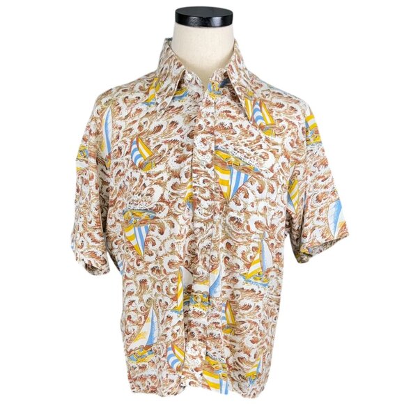 Vintage 70s Sears Mens XL Short-Sleeve Button-Up Shirt With Sailboat Print - Picture 1 of 7